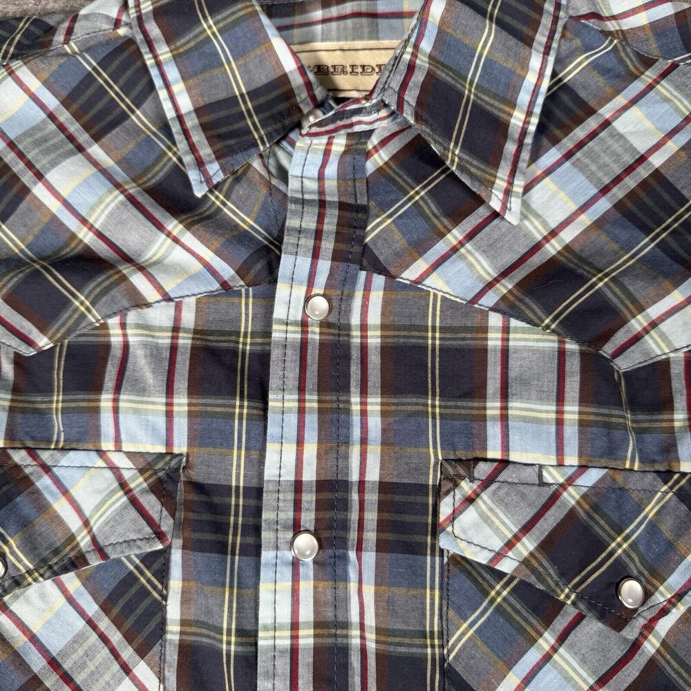 Bit & Bridle Shirt Men Large Black Red Plaid Short Sleeve Pearl Snap Flap Pocket - Picture 2 of 5